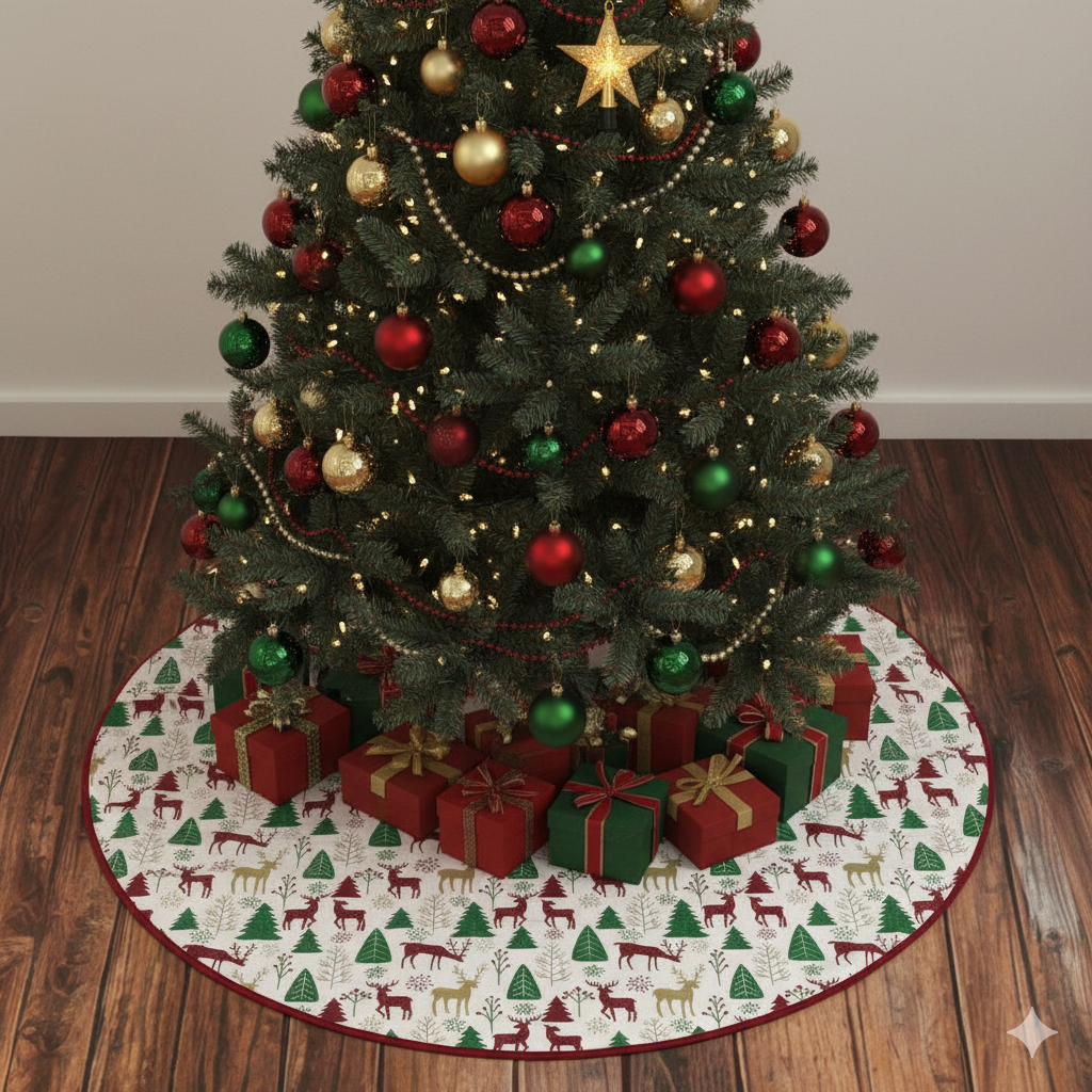 75cm Christmas Tree Skirt – Reindeer & Pine Tree Print, Festive Holiday Decoration
