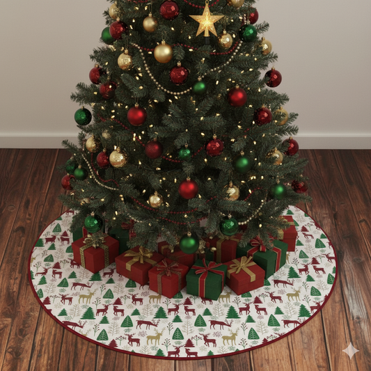 75cm Christmas Tree Skirt – Reindeer & Pine Tree Print, Festive Holiday Decoration