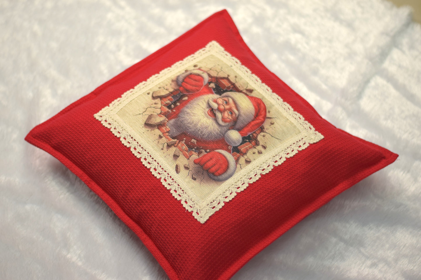"Santa Breaks Through!" Christmas Cushion Cover | Red Honeycomb Fabric | 16x16 Holiday Decor