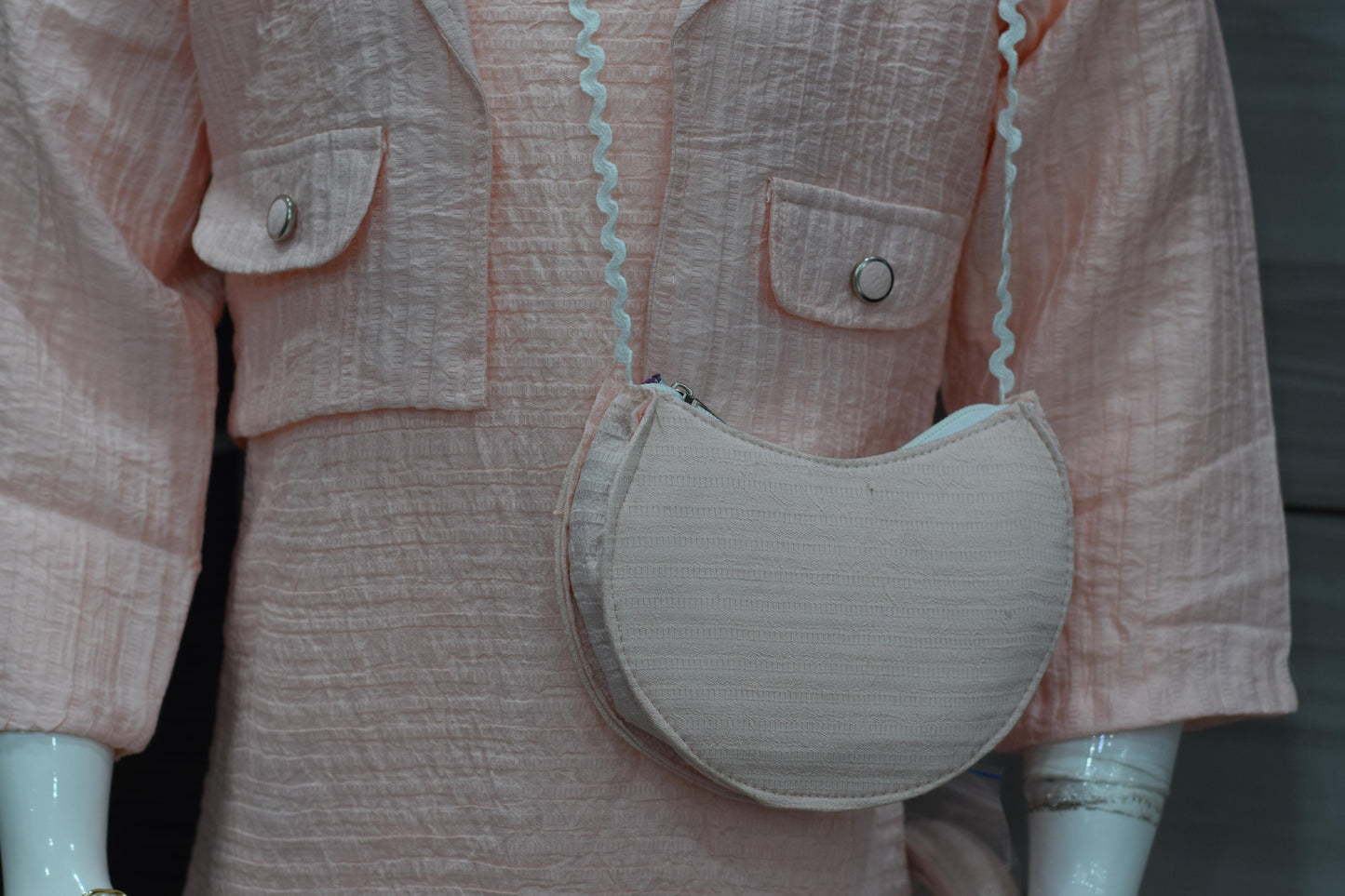 Girls Peach Textured Frock with Jacket & Embroidered Floral Design