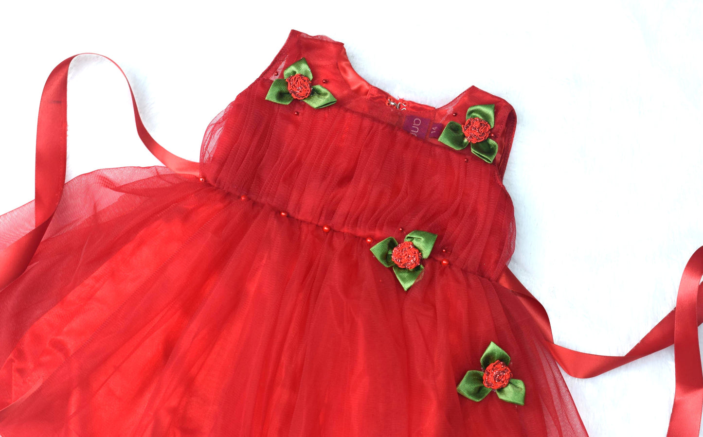 Red Floral Baby Party Frock – Soft Net Layered Dress with Satin Belt & Rose Appliqué