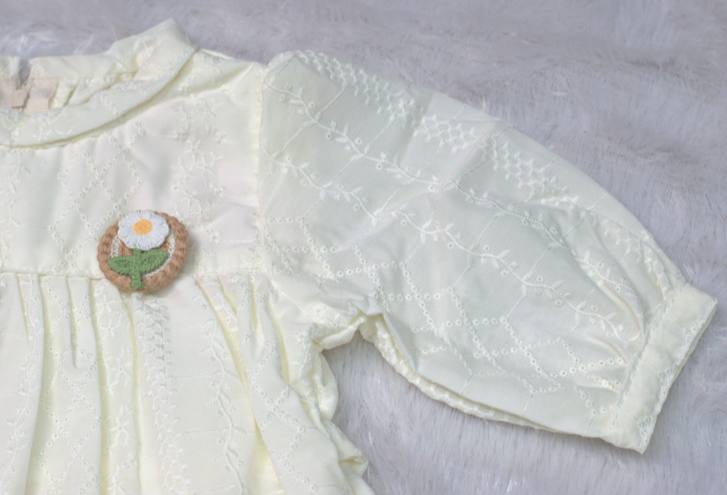 Cream Embroidered Cotton Kids Frock with Bow Tie Back