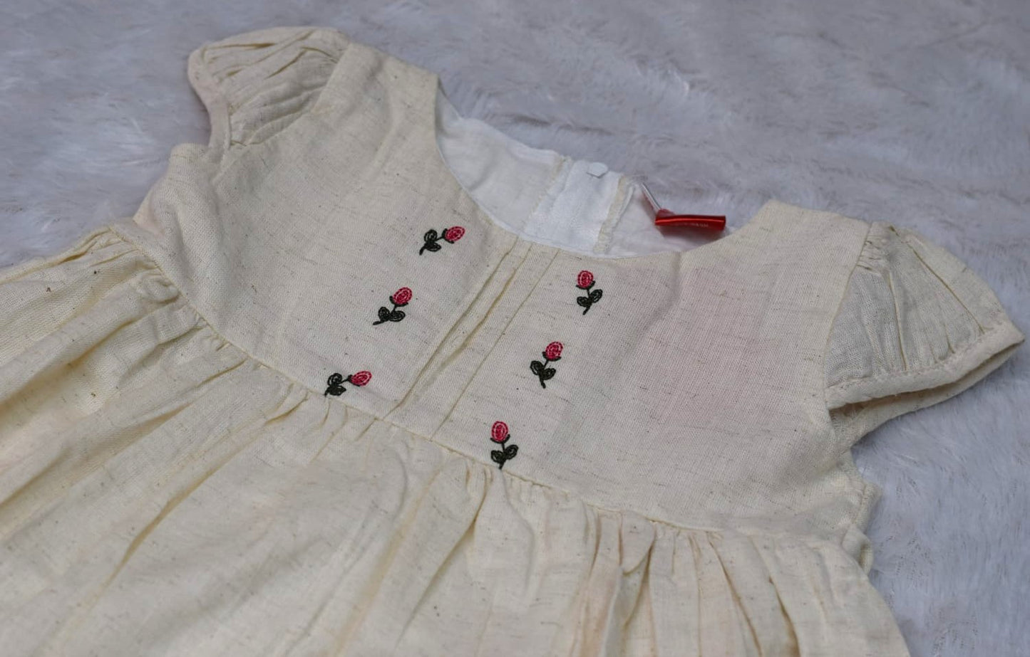 Cream Cotton Embroidered Kids Frock with Back Bow
