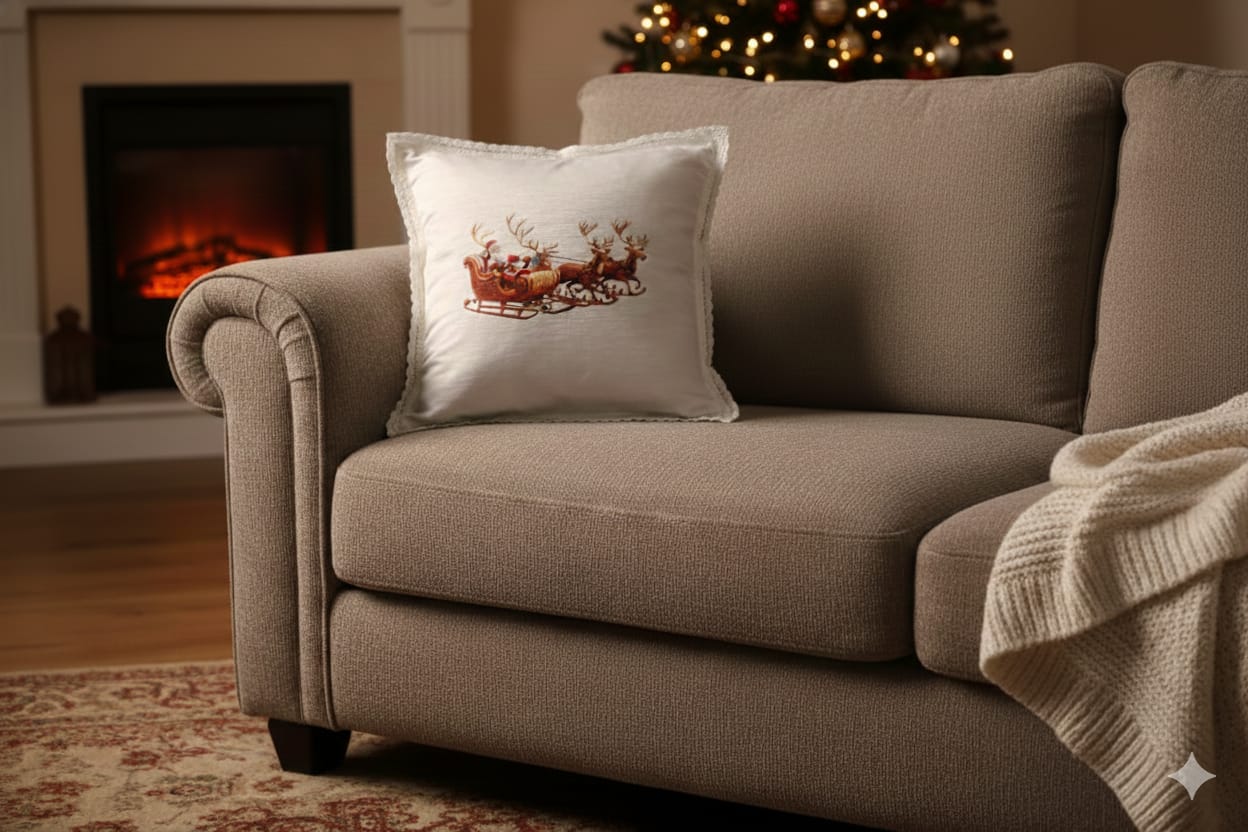 Festive Santa Sleigh Embroidered Cushion Cover – 16x16 Inch