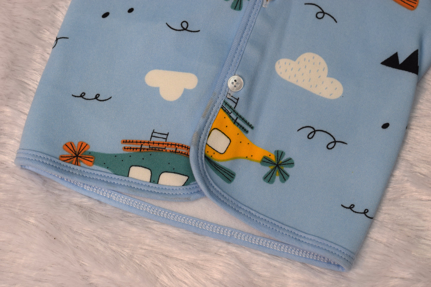 Soft Fleece Baby Jabla for Newborns (3–6 Months) – Sky Blue Helicopter Print