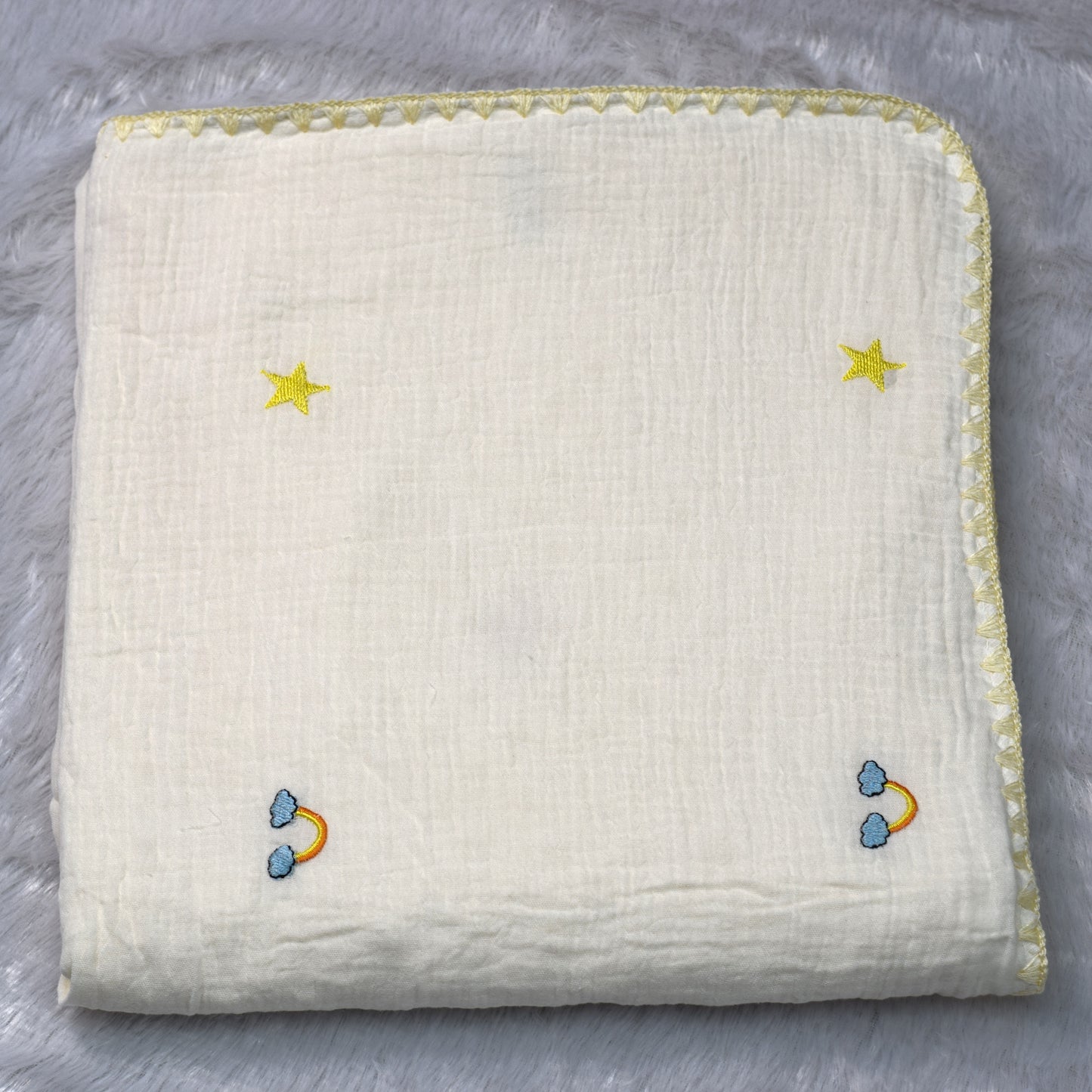 Soft Muslin Baby Swaddle Cloth with Embroidered Stars & Rainbow – 1 m x 1.15 m