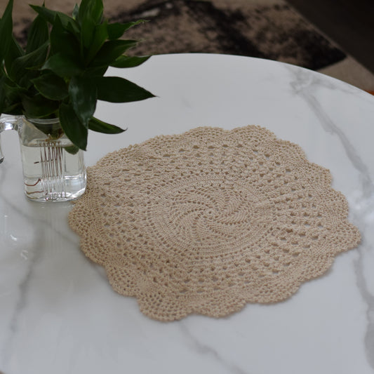 Title: Handmade Beige Crochet Doily – Elegant Round Table Decor