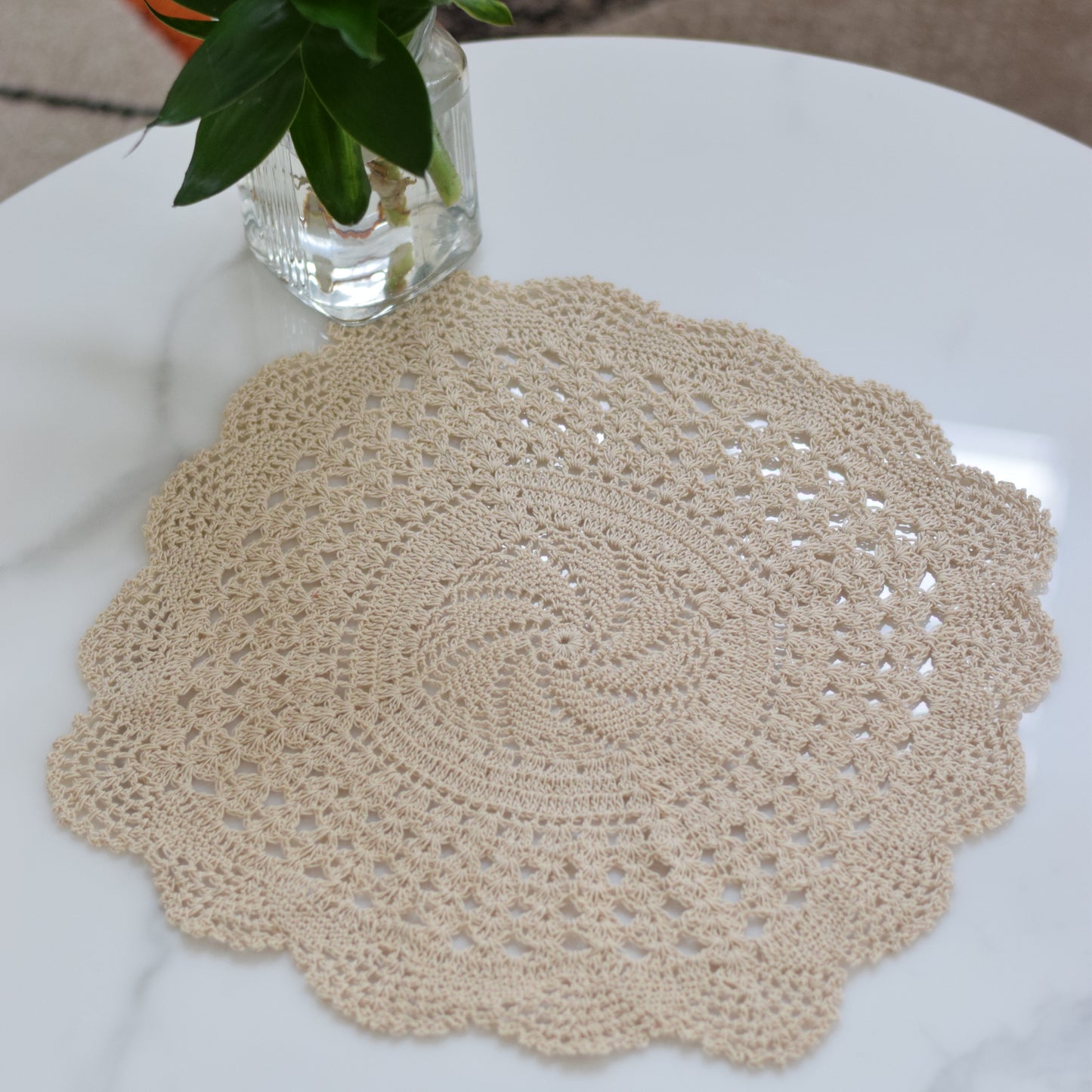 Title: Handmade Beige Crochet Doily – Elegant Round Table Decor