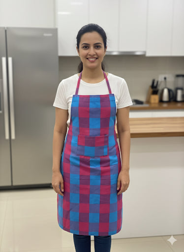 Cotton Checkered Kitchen Apron – Red &  Blue