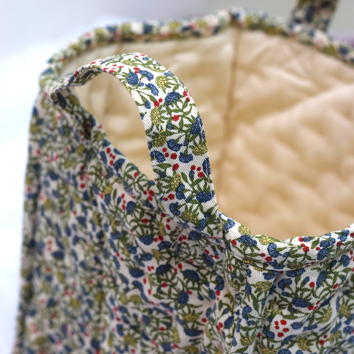 Handmade Quilted Fabric Storage Basket – Floral Print Organizer with Handles