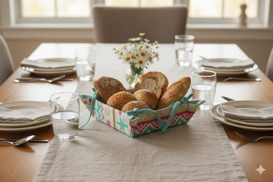 Festive Pattern Fabric Bread Basket with Tie-Up Corners