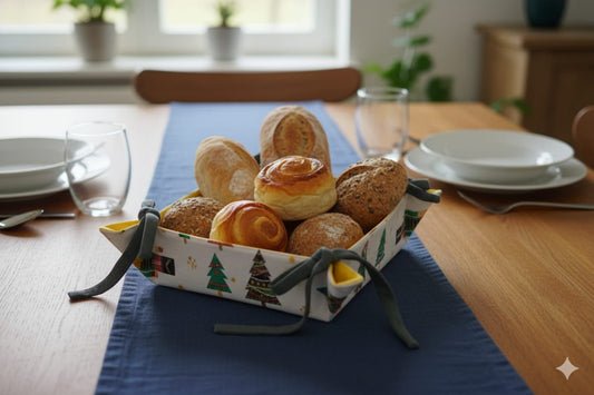 Christmas Print Fabric Bread Basket 8x8 Inch – Festive Yellow Interior