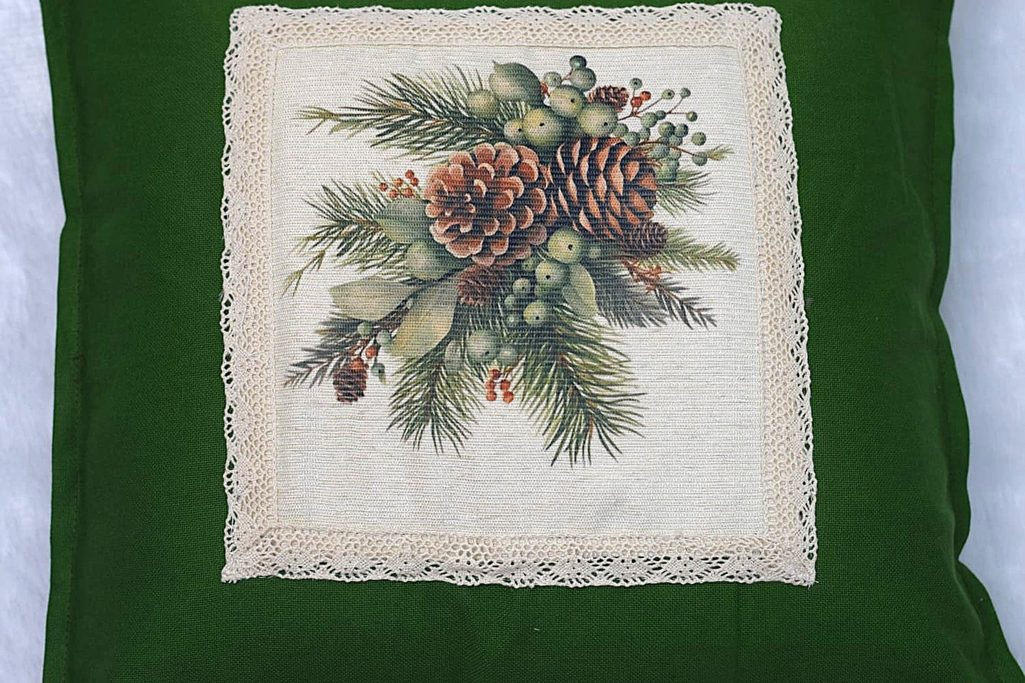 Festive Pinecone Cushion Cover – 16x16 Inch Green Cotton Pillow Cover with Lace Border