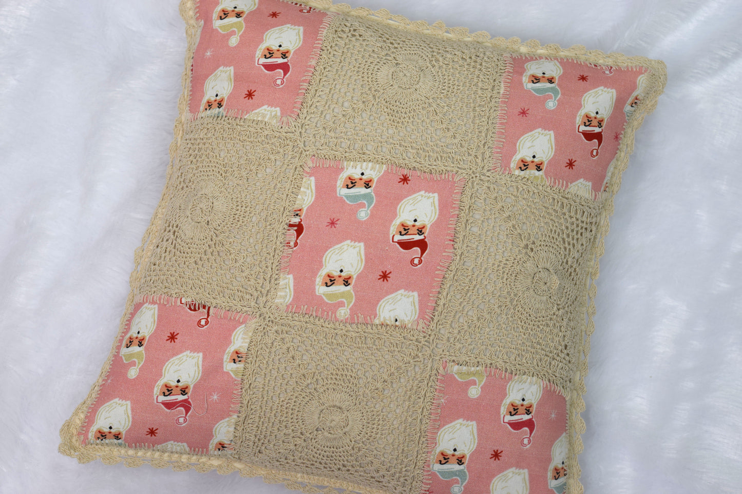 Handcrafted Crochet & Printed Cotton Cushion Cover – 16x16 Inch