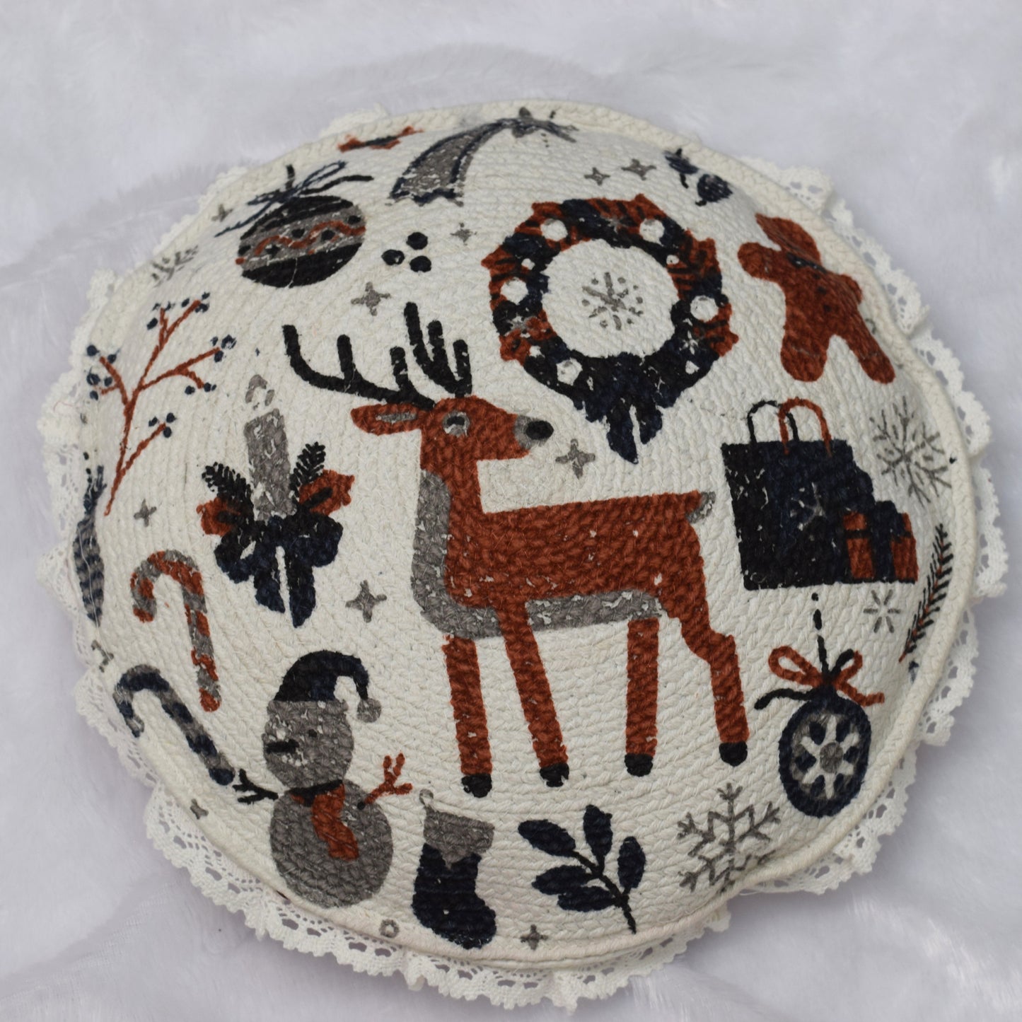 Reversible Round Christmas Cushion – Festive Deer &  Winter Design with Lace Border 20" Diameter