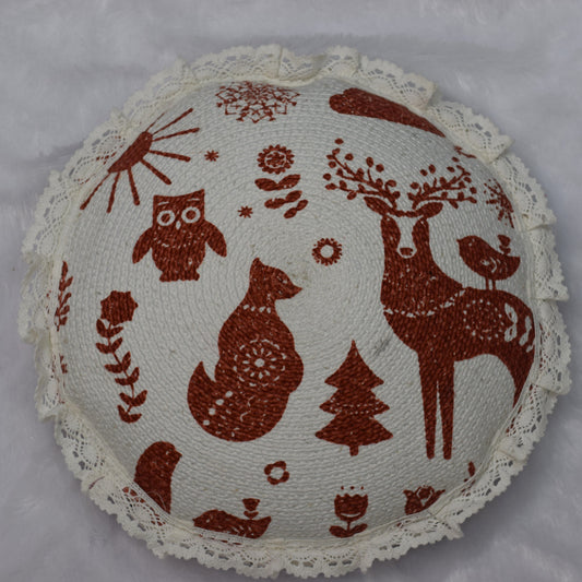 Reversible Round Christmas Cushion – Festive Deer &  Winter Design with Lace Border 20" Diameter