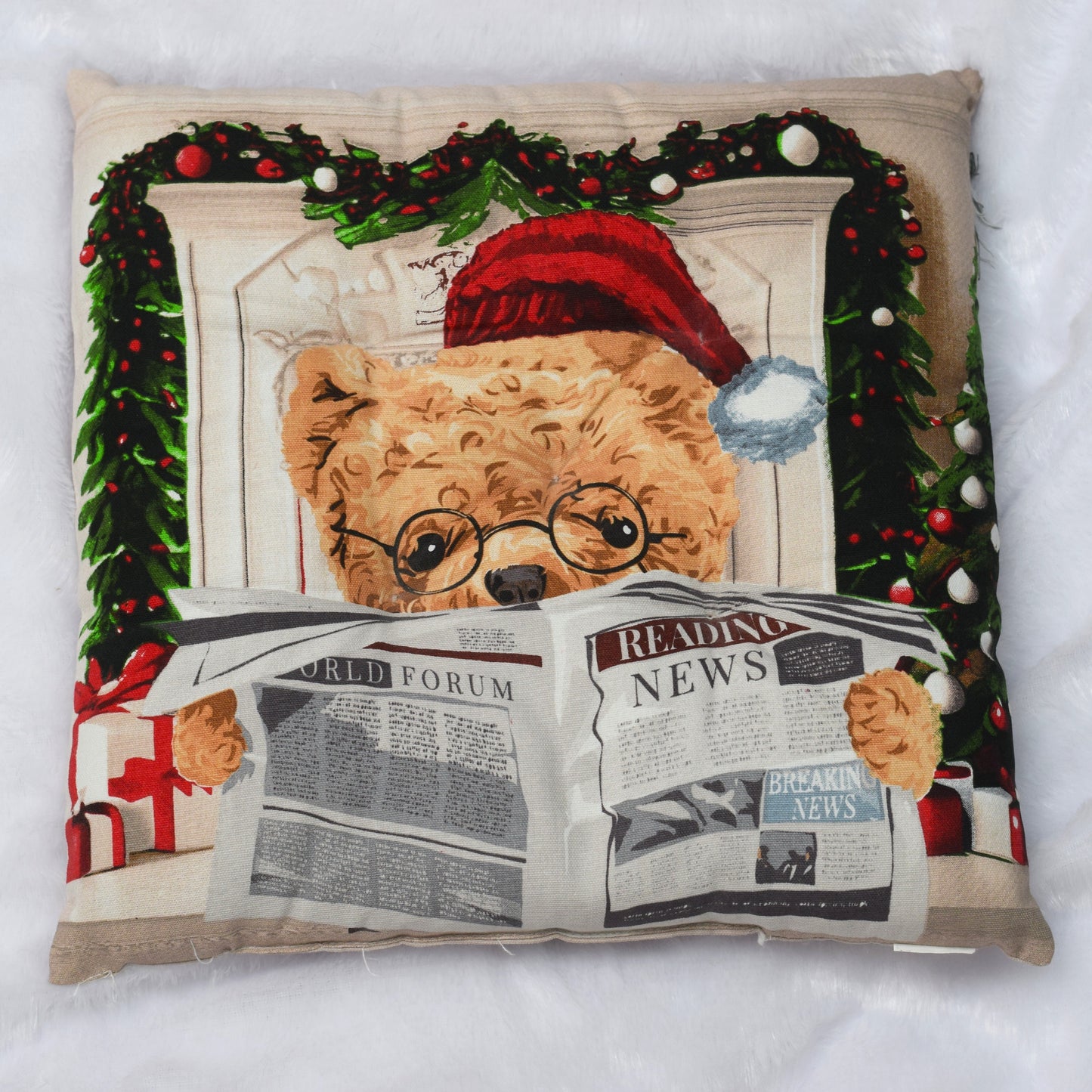 Christmas Teddy Reading Newspaper Cushion  – 16x16 Inch