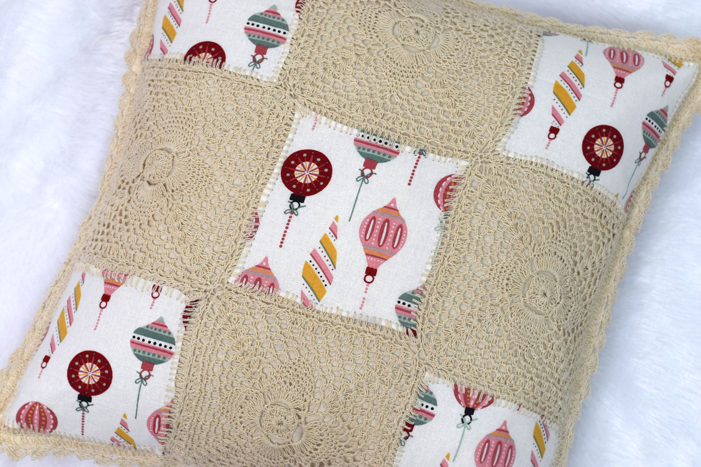 Handmade Crochet Patch Cushion Cover 16x16 Inch – Festive Ornament Design