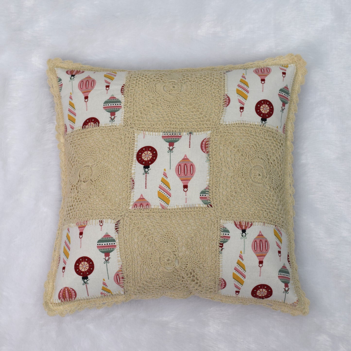 Handmade Crochet Patch Cushion Cover 16x16 Inch – Festive Ornament Design