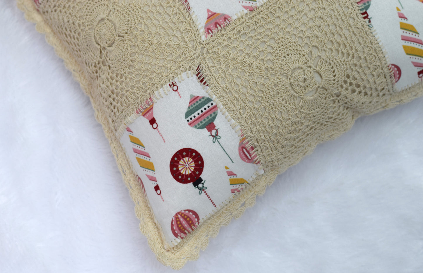 Handmade Crochet Patch Cushion Cover 16x16 Inch – Festive Ornament Design