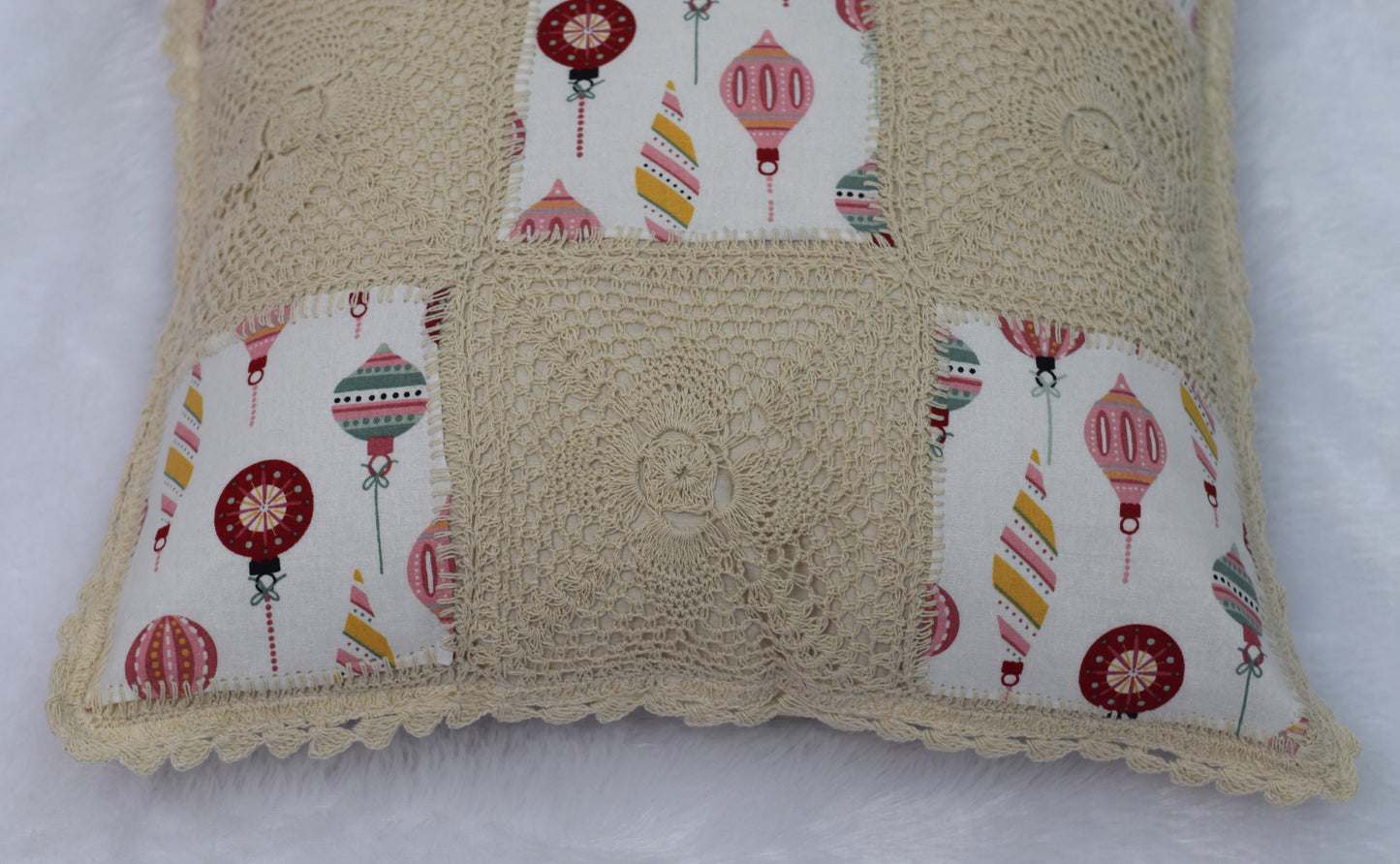 Handmade Crochet Patch Cushion Cover 16x16 Inch – Festive Ornament Design
