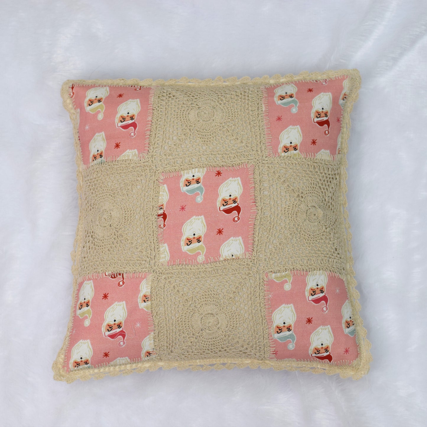 Handcrafted Crochet & Printed Cotton Cushion Cover – 16x16 Inch