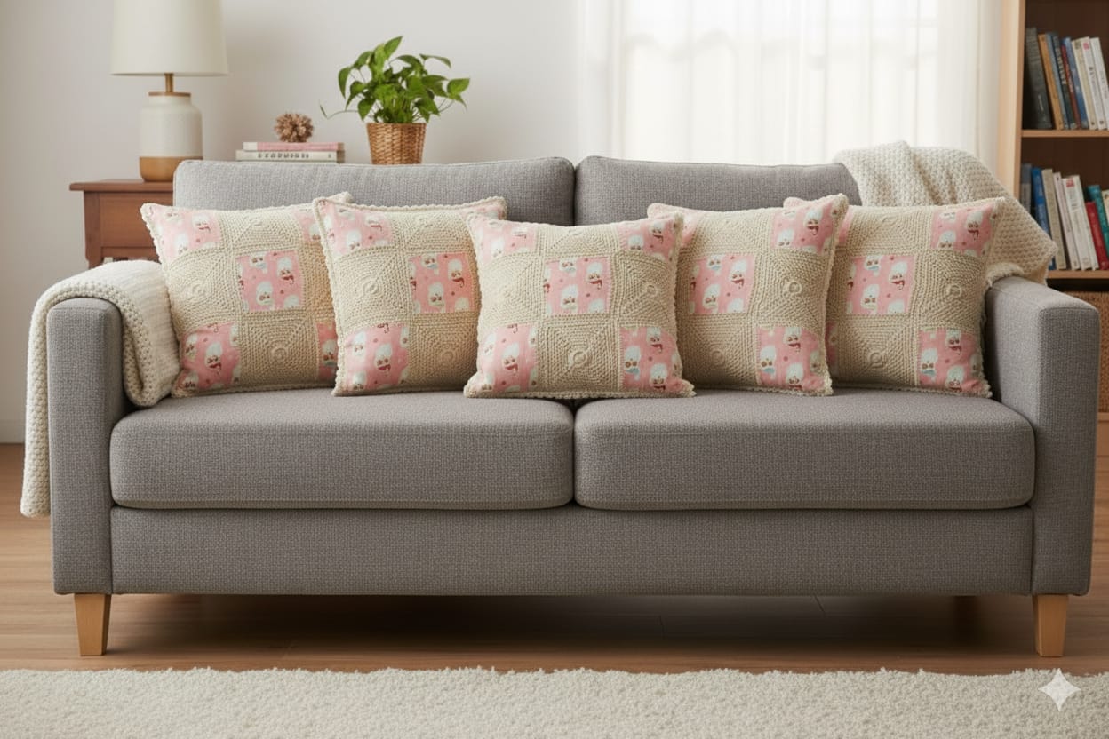 Handcrafted Crochet & Printed Cotton Cushion Cover – 16x16 Inch