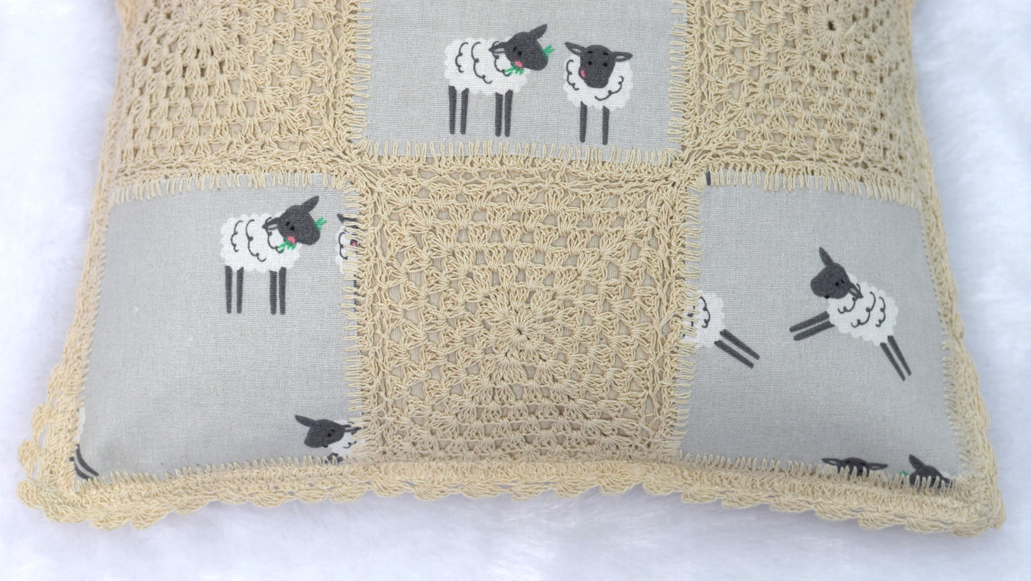 Handcrafted Sheep Print Crochet Cushion Cover – 16x16 Inch