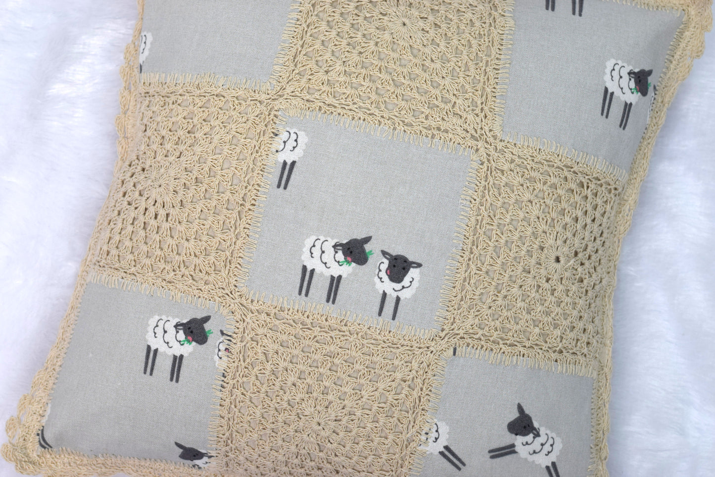 Handcrafted Sheep Print Crochet Cushion Cover – 16x16 Inch