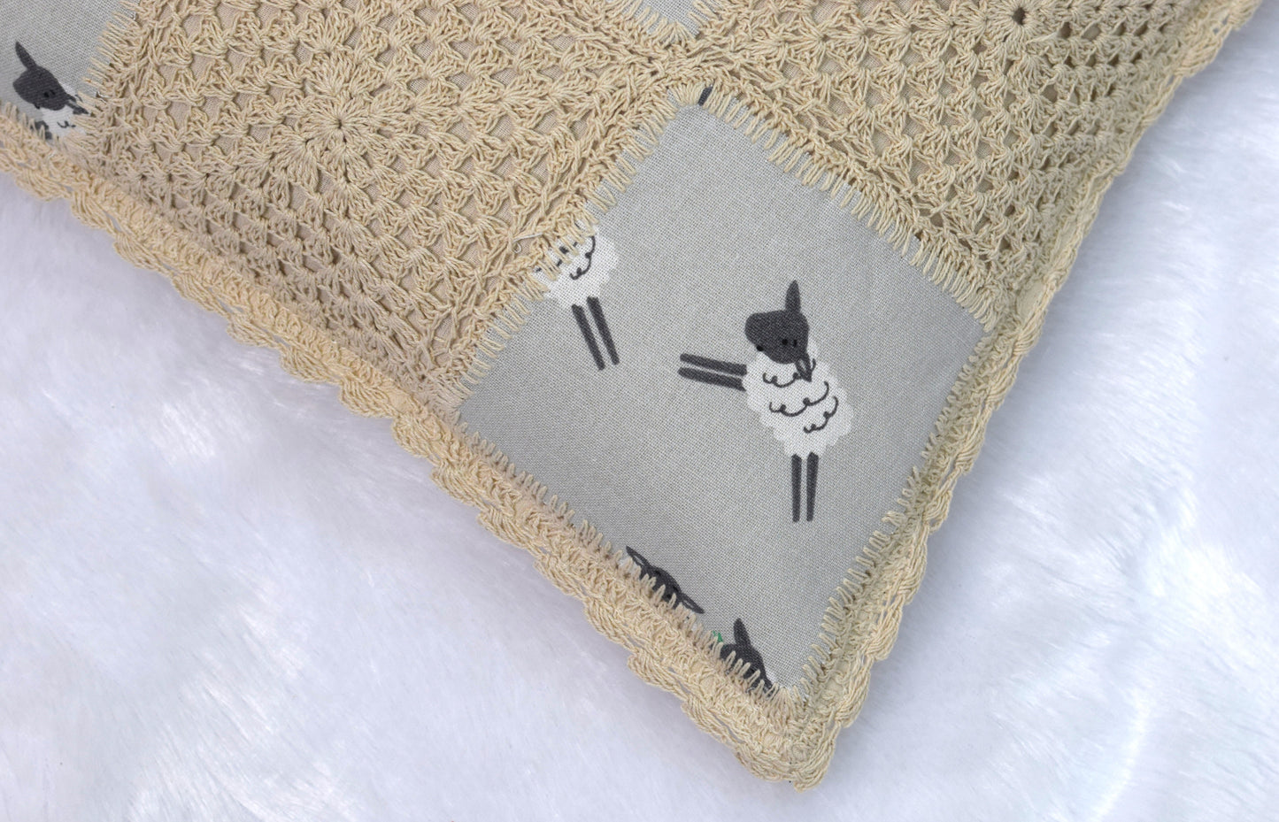 Handcrafted Sheep Print Crochet Cushion Cover – 16x16 Inch