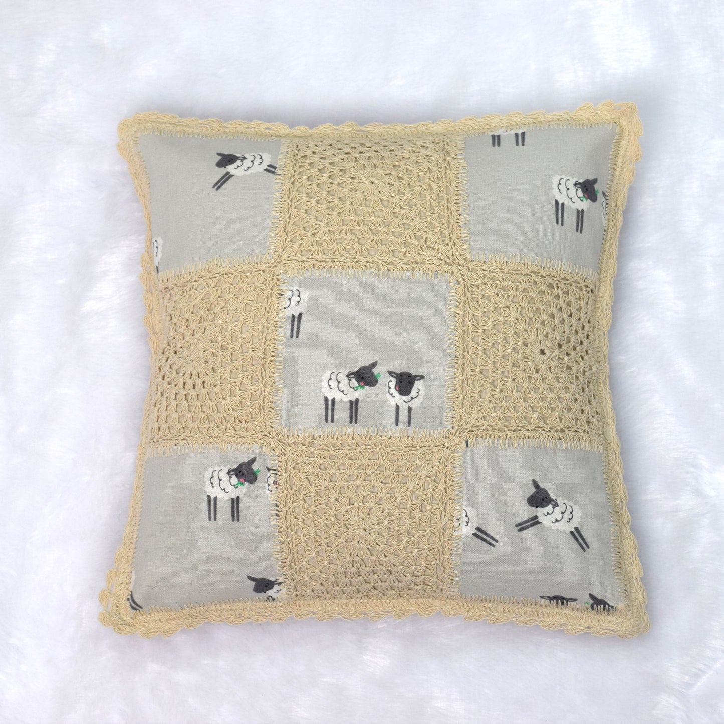 Handcrafted Sheep Print Crochet Cushion Cover – 16x16 Inch