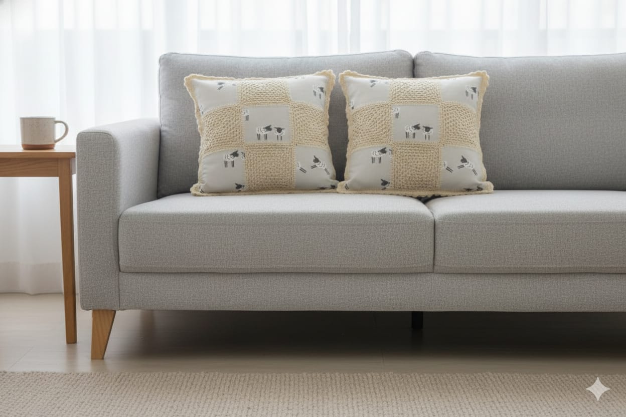 Handcrafted Sheep Print Crochet Cushion Cover – 16x16 Inch
