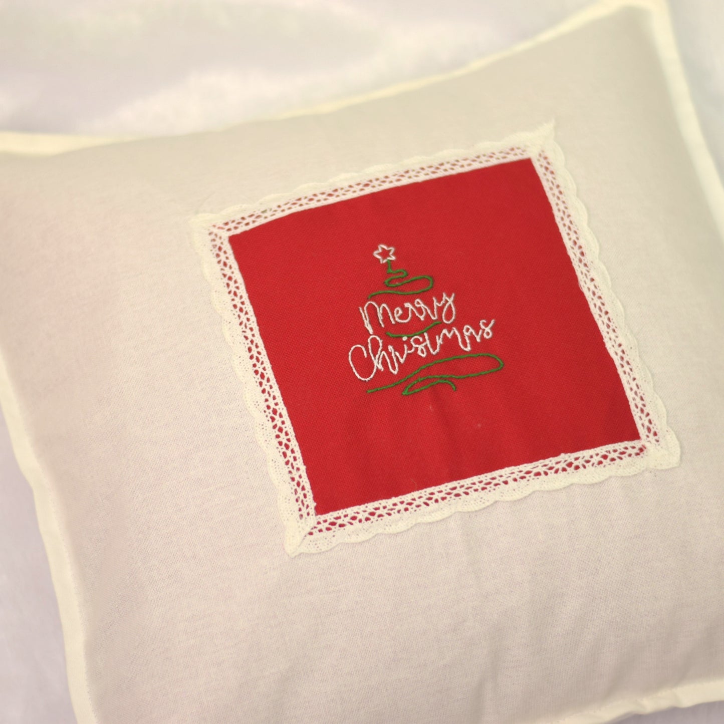 Merry Christmas Embroidered Cushion Cover with Lace Border  – 16x16 Inch Set of 2
