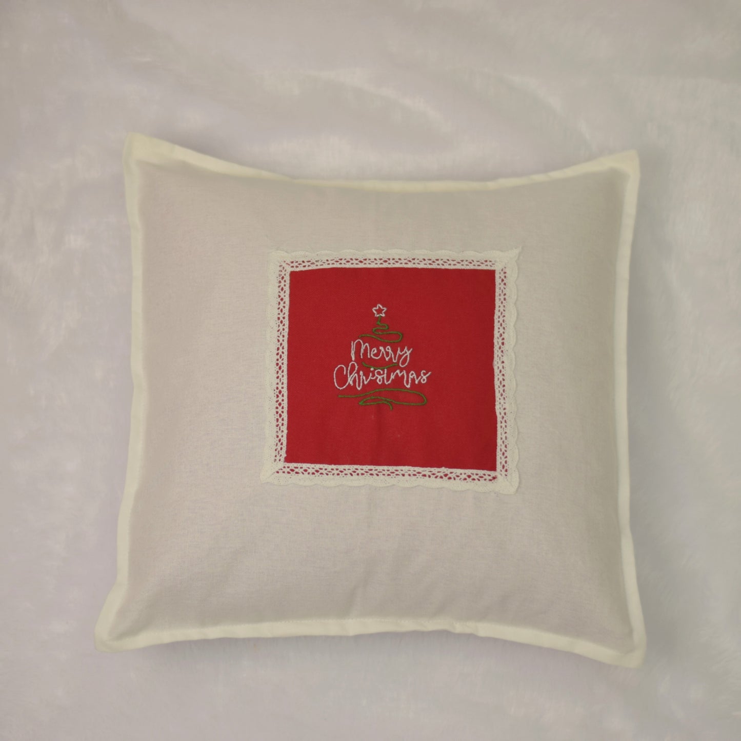 Merry Christmas Embroidered Cushion Cover with Lace Border  – 16x16 Inch Set of 2