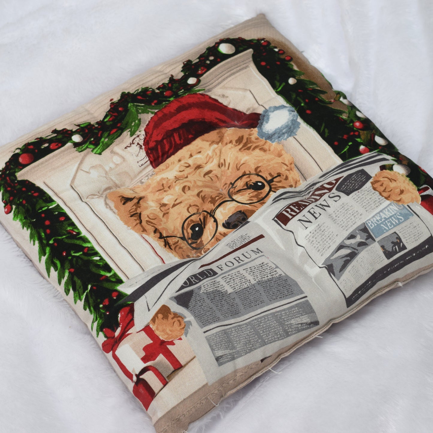 Christmas Teddy Reading Newspaper Cushion  – 16x16 Inch