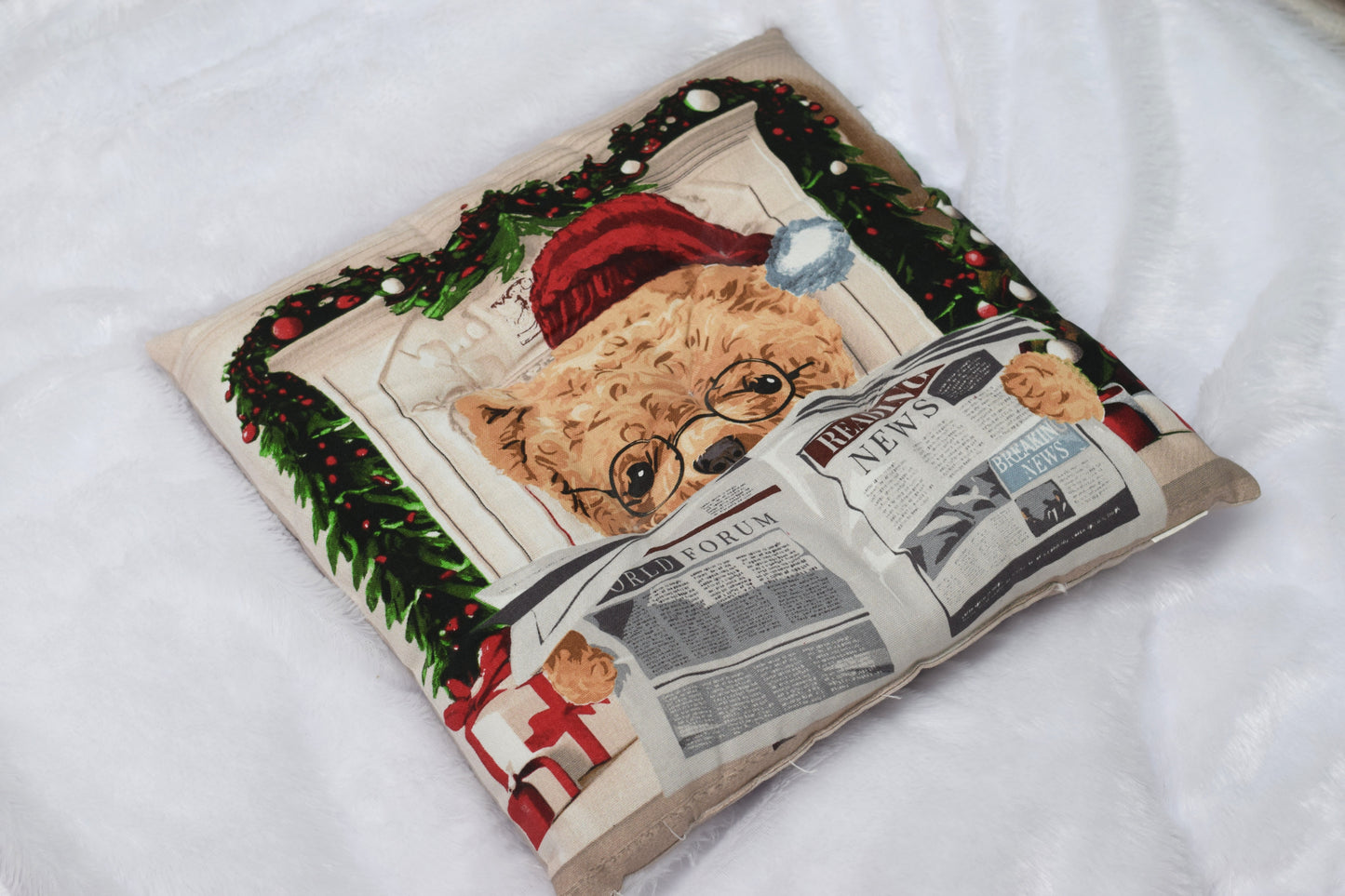 Christmas Teddy Reading Newspaper Cushion  – 16x16 Inch