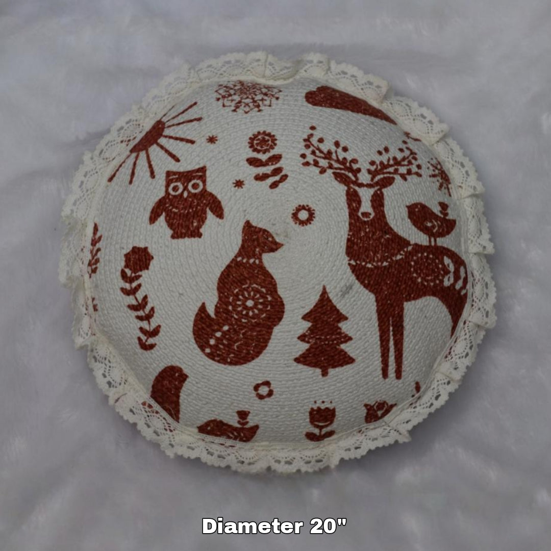 Reversible Round Christmas Cushion – Festive Deer &  Winter Design with Lace Border 20" Diameter