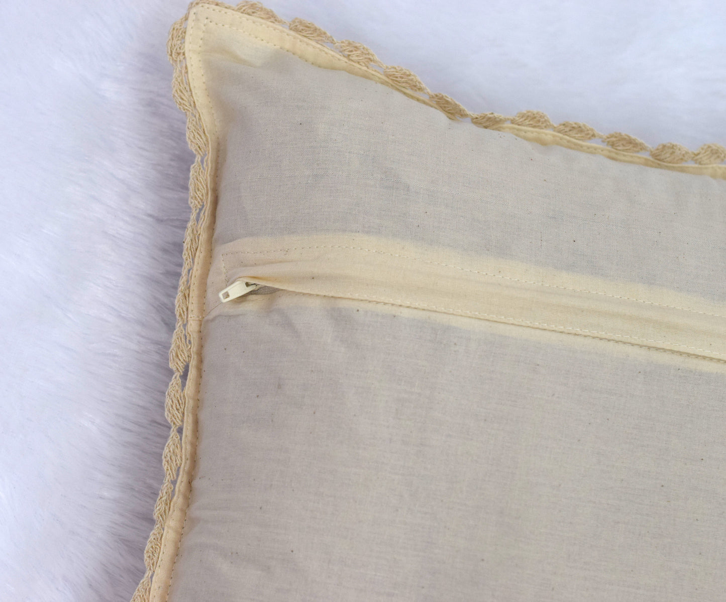 Handcrafted Crochet & Printed Cotton Cushion Cover – 16x16 Inch