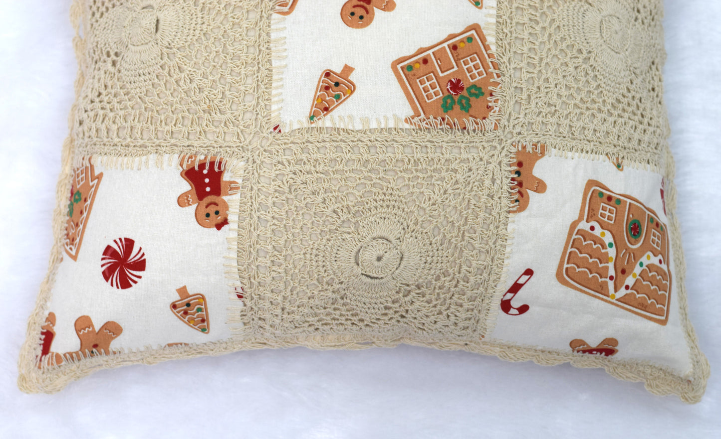 Handmade Crochet Patchwork Cushion Cover – Gingerbread Christmas Design-16x16 inch