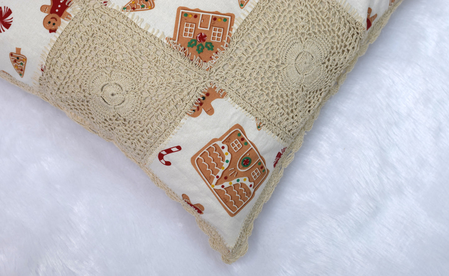 Handmade Crochet Patchwork Cushion Cover – Gingerbread Christmas Design-16x16 inch