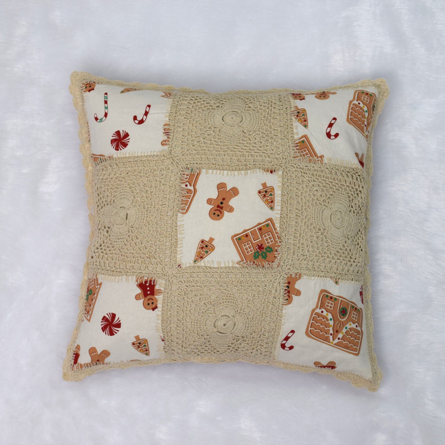 Handmade Crochet Patchwork Cushion Cover – Gingerbread Christmas Design-16x16 inch