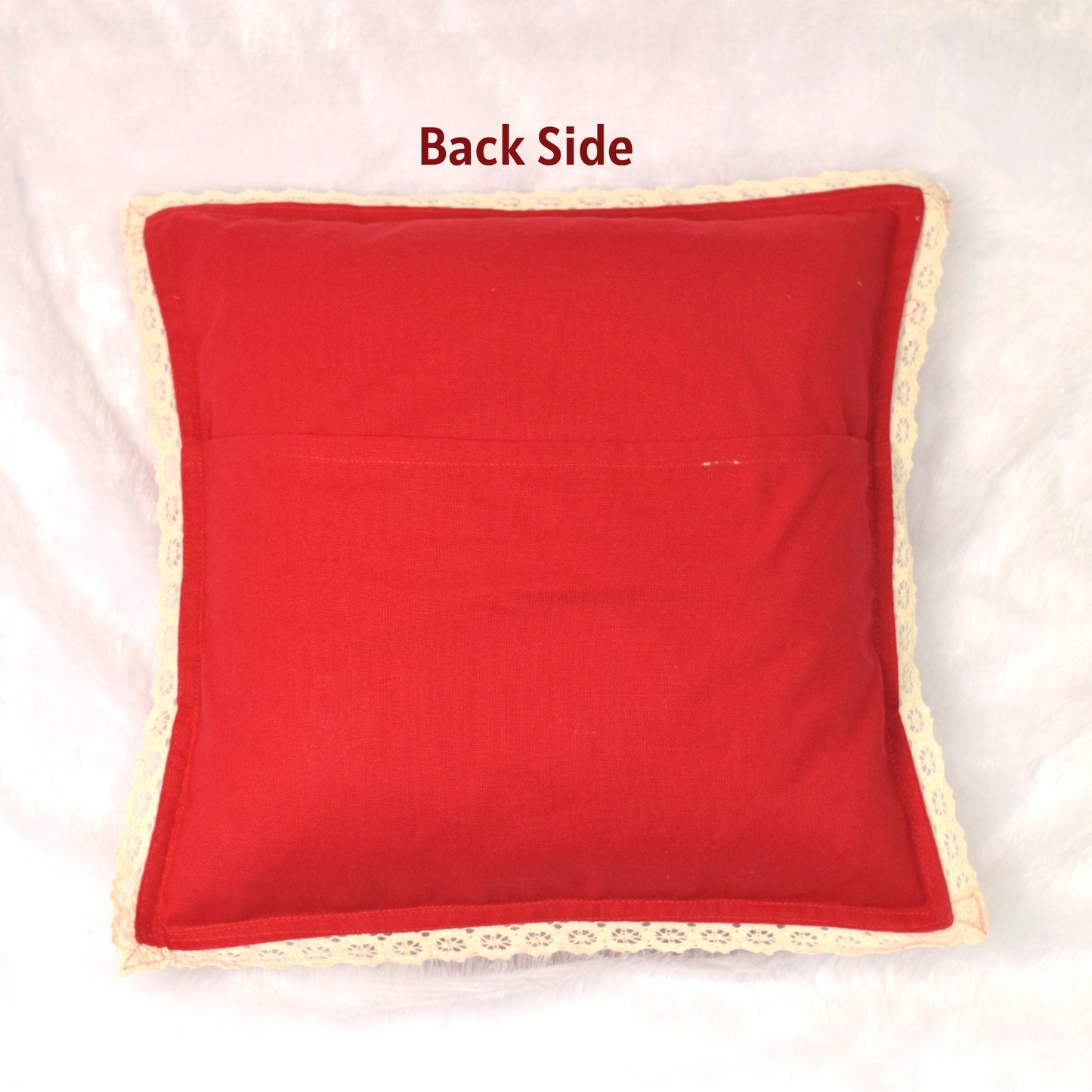 Festive Merry Christmas Cushion Cover – 16x16 Inch (Red with Lace Border)
