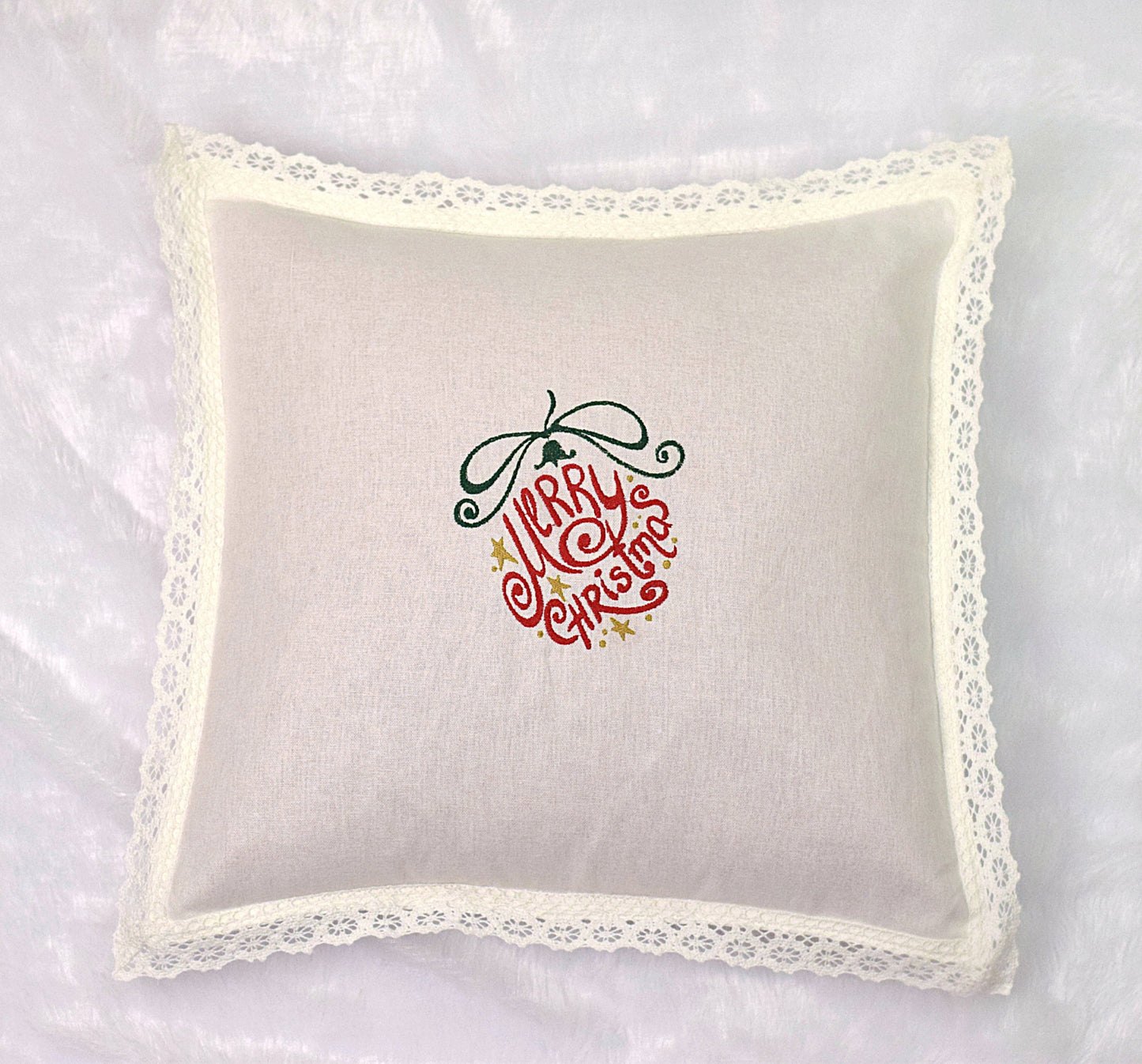 Handmade Christmas Cushion Covers (Set of 2) | 16x16 Inch Embroidered Merry Christmas Design with Lace Border