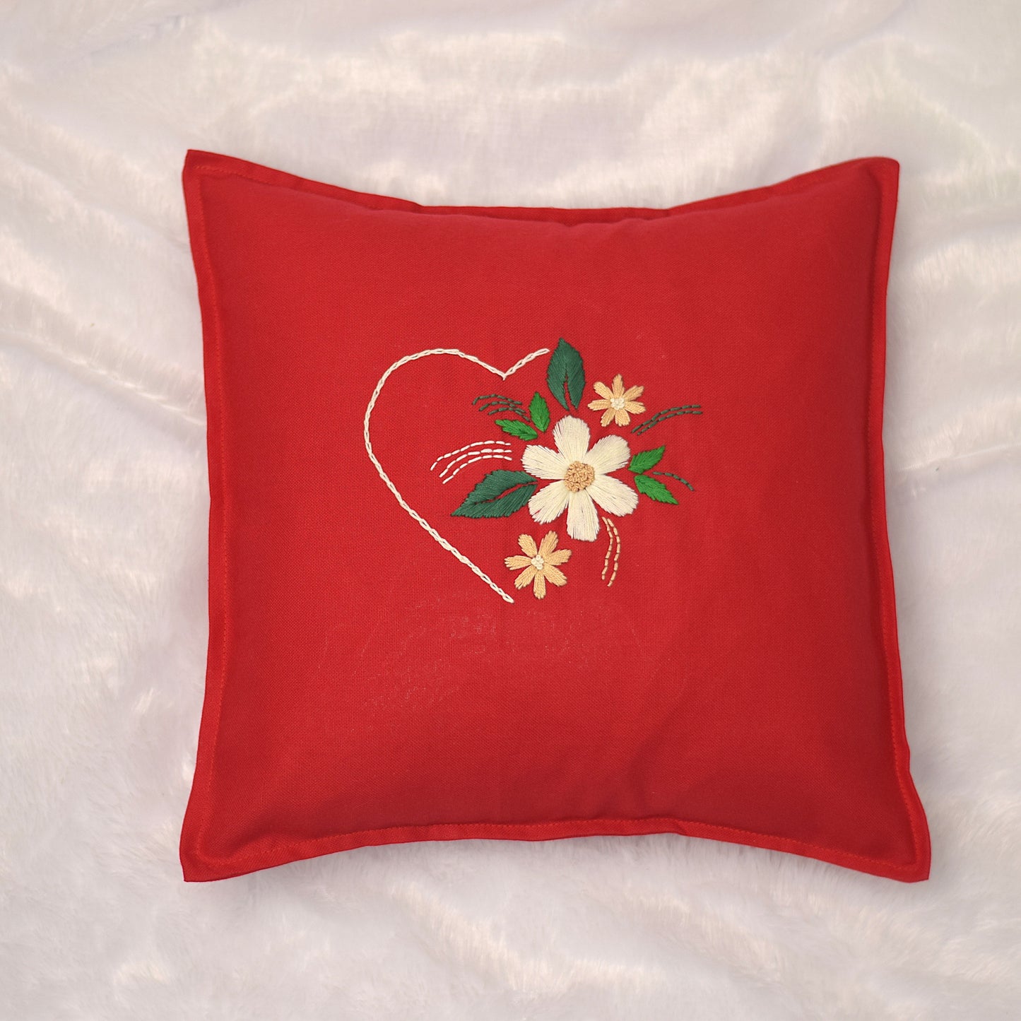 Red Embroidered Heart & Floral Cushion Cover – 16x16 Inch