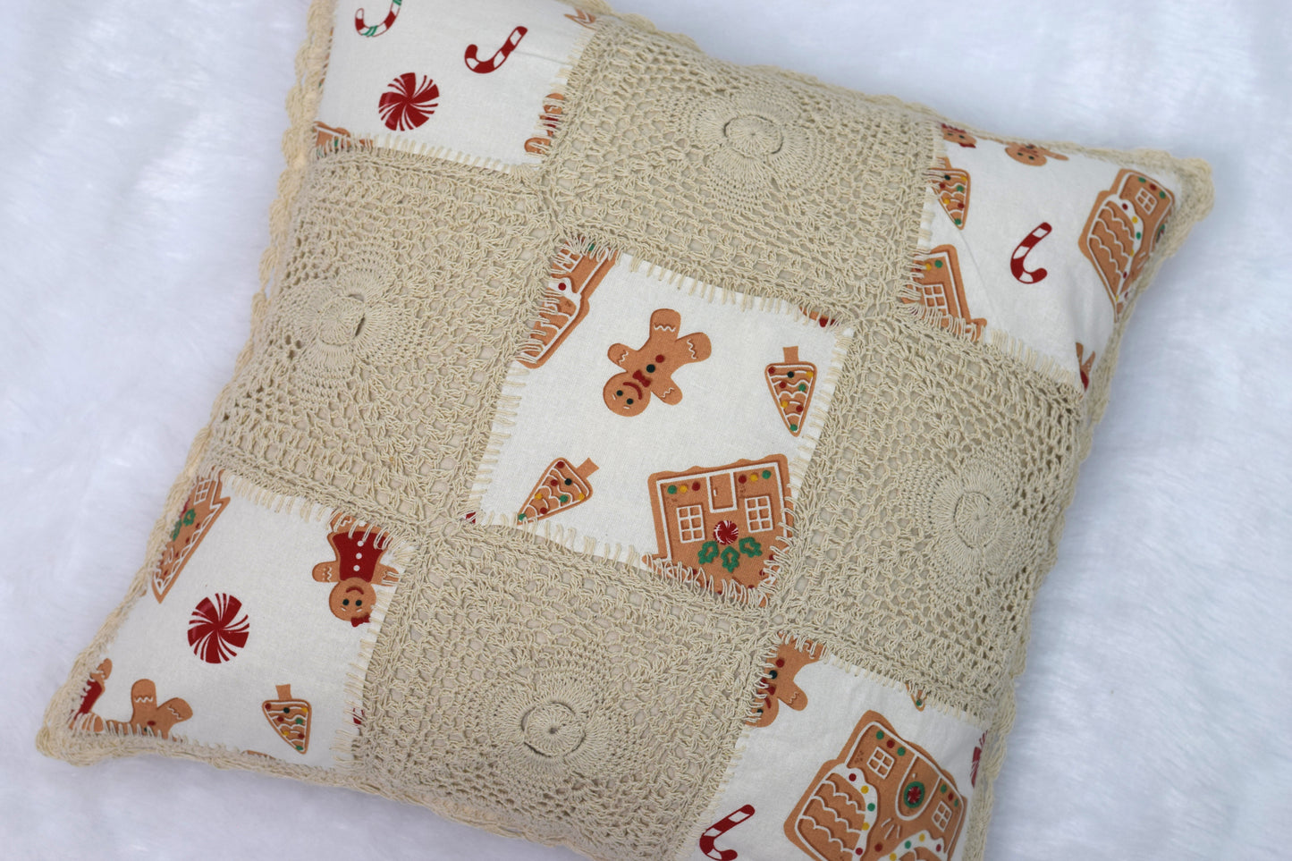 Handmade Crochet Patchwork Cushion Cover – Gingerbread Christmas Design-16x16 inch