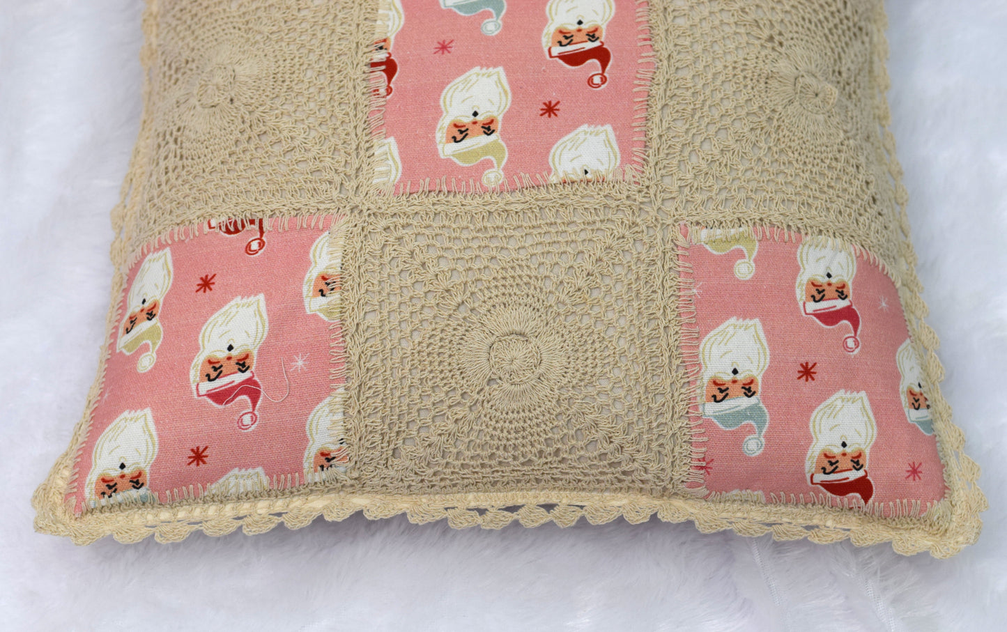 Handcrafted Crochet & Printed Cotton Cushion Cover – 16x16 Inch
