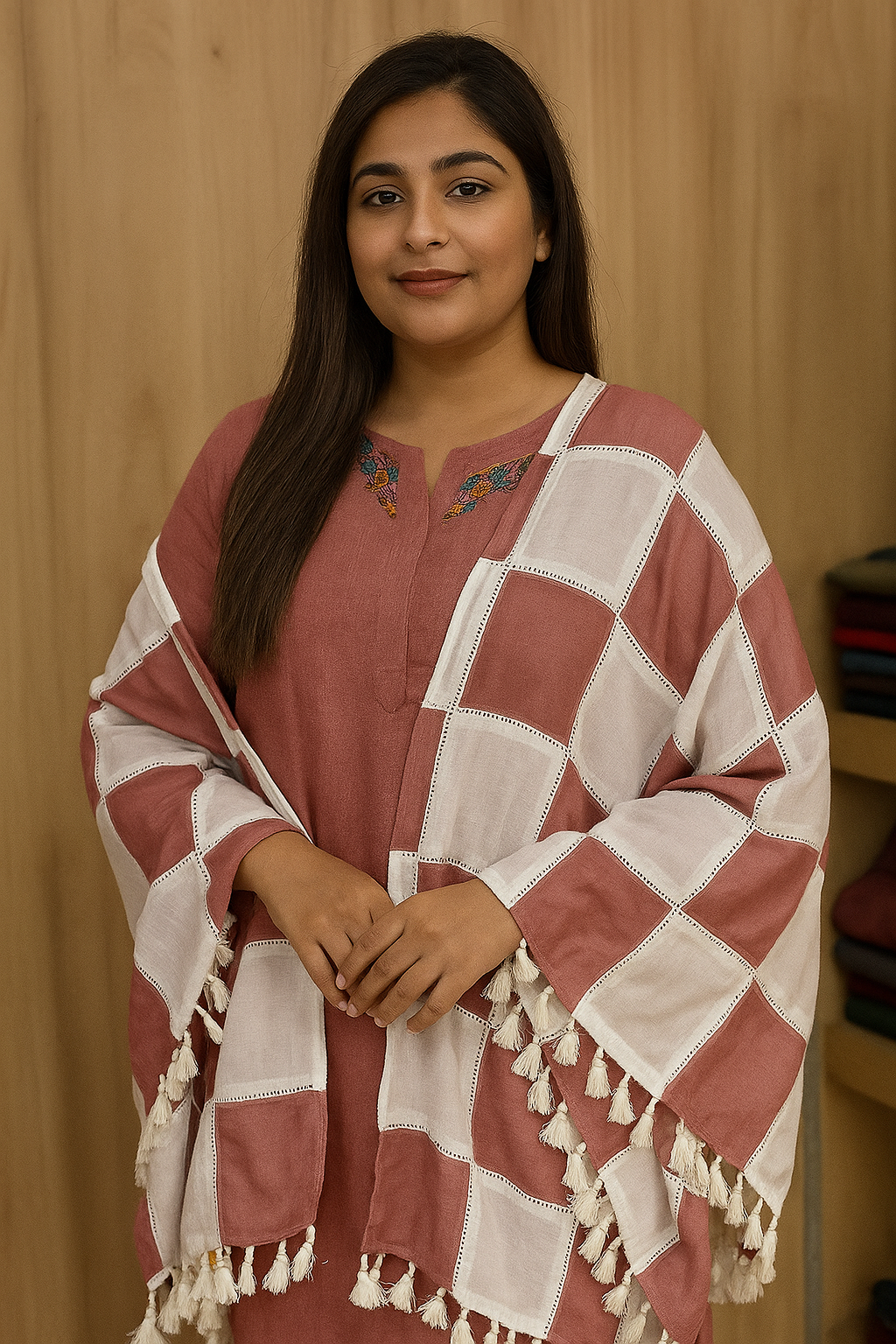 Handwoven Cotton Checkered Shawl with Tassels