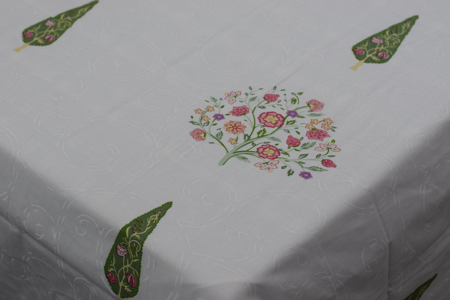 Elegant Floral Garden Print Queen Size Bedsheet Set (White Base with Green Tree Motifs)