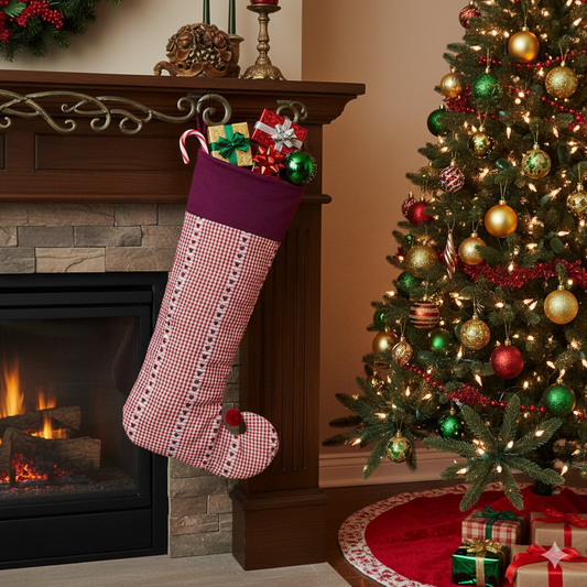 🎄 Festive Red & White Cotton Christmas Stocking – Decorative Hanging Gift Holder