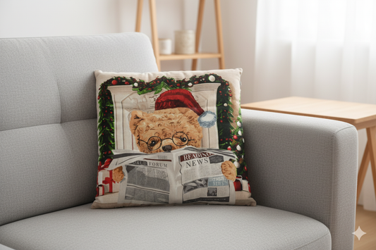 Christmas Teddy Reading Newspaper Cushion  – 16x16 Inch